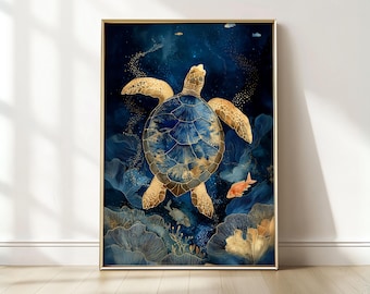 May include: A framed art print featuring a sea turtle swimming in a deep blue ocean. The turtle has a blue and gold shell, with gold flippers. The artwork includes orange fish and gold coral, creating a serene underwater scene.