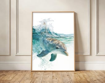 Serene Dolphin Watercolor Print, Ocean Wave Coastal Wall Art