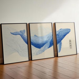 Blue Whale Triptych Wall Art, Japanese Line Art Coastal Prints, Serene Ocean Decor