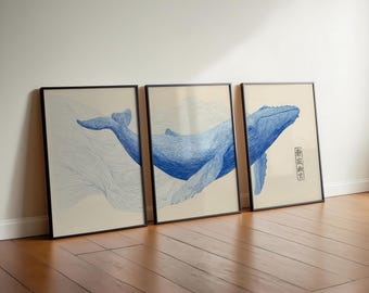 Quadro de parede tríptico de baleia azul, gravuras costeiras em estilo japonês, decoração serena do oceano.