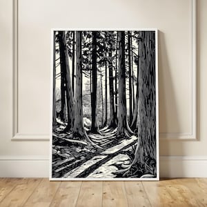 May include: A black and white art print featuring a dense forest scene with tall, vertical tree trunks and deep shadows. The composition highlights the contrast between the dark, textured bark of the trees and the light filtering through the woods.