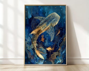 May include: A framed art print featuring a whale shark swimming in a deep blue ocean. The artwork has gold and bronze accents, with smaller fish and aquatic plants. The overall style is artistic and decorative, suitable for home decor.