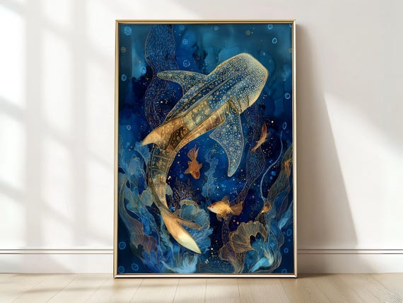 Golden Whale Shark Print – Elegant Underwater Ocean Art for Bathroom or Coastal Decor