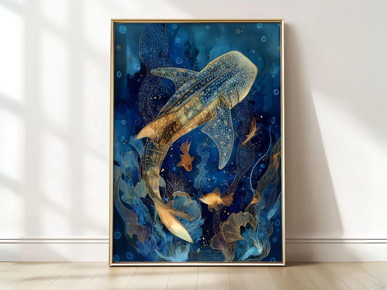 May include: A framed art print featuring a whale shark swimming in a deep blue ocean. The artwork has gold and bronze accents, with smaller fish and aquatic plants. The overall style is artistic and decorative, suitable for home decor.
