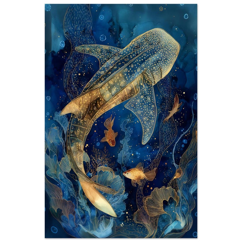 Golden Whale Shark Print – Elegant Underwater Ocean Art for Bathroom or Coastal Decor 28x43  cm / XL (11x17″)