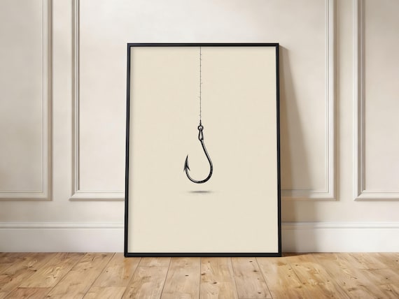 Minimalist Fishing Hook Print, Vintage Angler Illustration, Nautical Cabin Decor