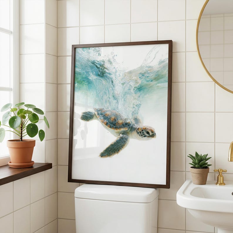 May include: A framed wall art print featuring a sea turtle swimming underwater with a splash of turquoise and white bubbles above it. The turtle has a patterned shell in shades of brown, tan, and green, with flippers extended in motion.