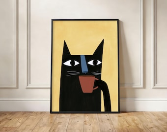 May include: A framed wall art print featuring a stylized black cat with large white eyes and a blue nose bridge, holding a solid brown mug. The cat is set against a solid yellow background, and the entire illustration is enclosed in a thin black frame.