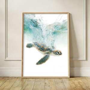 Sea Turtle Poster, Realistic Ocean Wildlife Wall Art Print, Coastal Marine Animal Decor