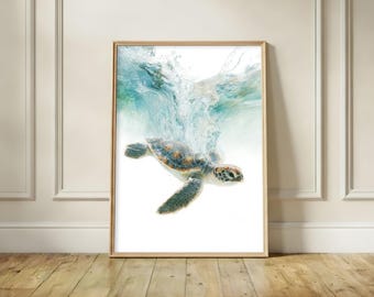 Poster zeeschildpad, realistische muurkunst print oceaandieren, kust zeedieren decor