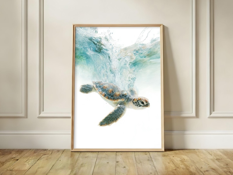 Sea Turtle Poster, Realistic Ocean Wildlife Wall Art Print, Coastal Marine Animal Decor image 1