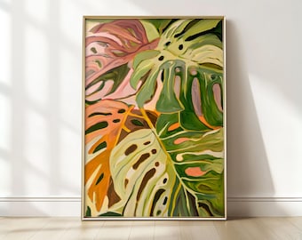 Monstera Leaf Oil Painting Print, Tropical Botanical Jungle Wall Art