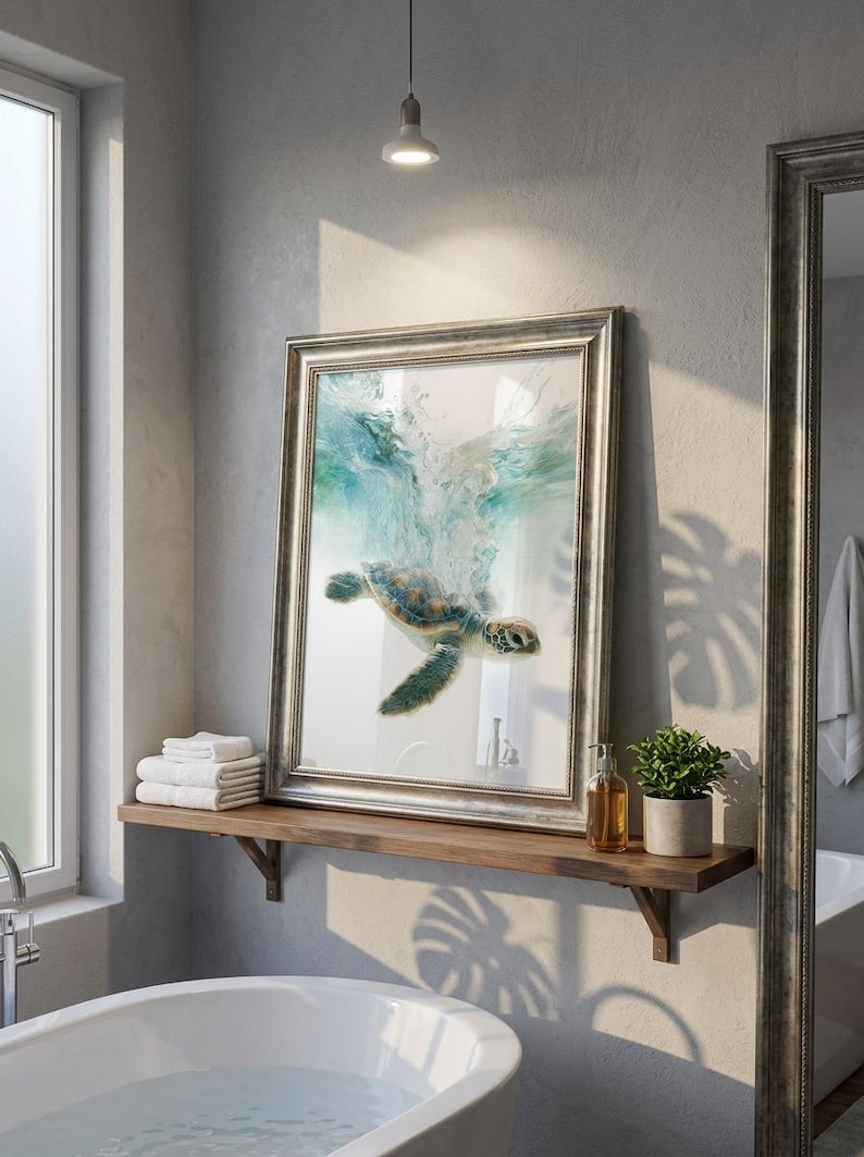 May include: A framed wall art print featuring a sea turtle swimming upward toward the water surface, creating a splash of turquoise and white bubbles. The artwork is encased in a metallic silver frame with a textured, ornate border design.