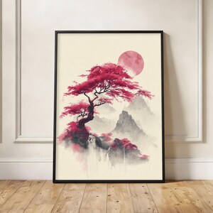 Póster de arce japonés, lámina de arte mural Ukiyo-e, paisaje de montaña con bonsái rojo, decoración zen de luna rosa, arte para sala de estar de inspiración asiática