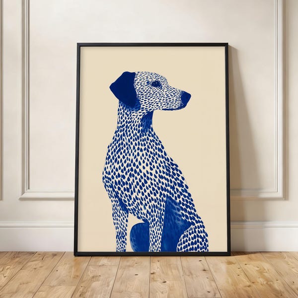 Blue Spotted Dog Print, Modern Navy Animal Wall Art, Minimalist Living Room Decor