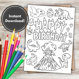 Cartão de aniversário de dinossauro para imprimir e colorir – Modelo de cartão de aniversário infantil dobrável – Cartão de felicitações divertido para colorir dinossauros para crianças, baixar