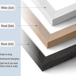 May include: Three rectangular picture frames in white ash, natural oak, and black ash wood. Each frame features a 20mm thick and wide profile, shatterproof plexiglass, and a ready-to-hang design. The text labels identify the wood and color finishes.