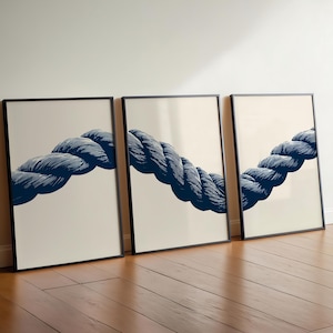 Rope Triptych Wall Art, Nautical Navy Blue Maritime Prints, Coastal Beach House Decor