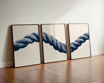 Quadro decorativo de parede em tríptico com cordas, estampas náuticas em azul marinho, decoração para casa de praia.