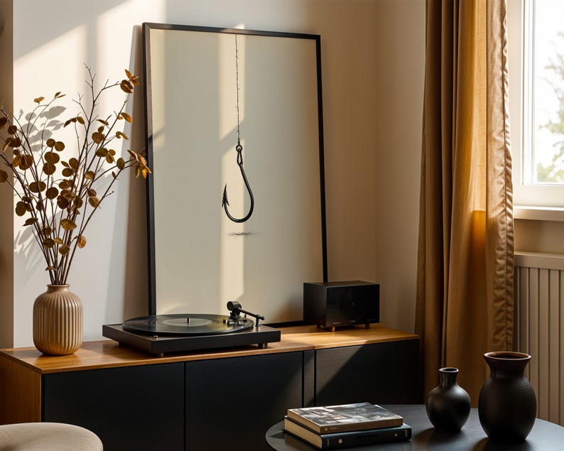 May include: A framed vertical wall art print featuring a black line drawing of a single fishing hook hanging from a thin vertical line. The artwork is displayed on a wooden cabinet next to a black record player, a small speaker, and a ribbed vase.