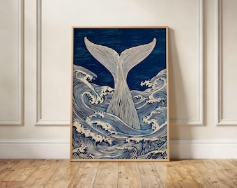 Whale Tail Linocut Ocean Print – Minimalist Coastal Wall Art