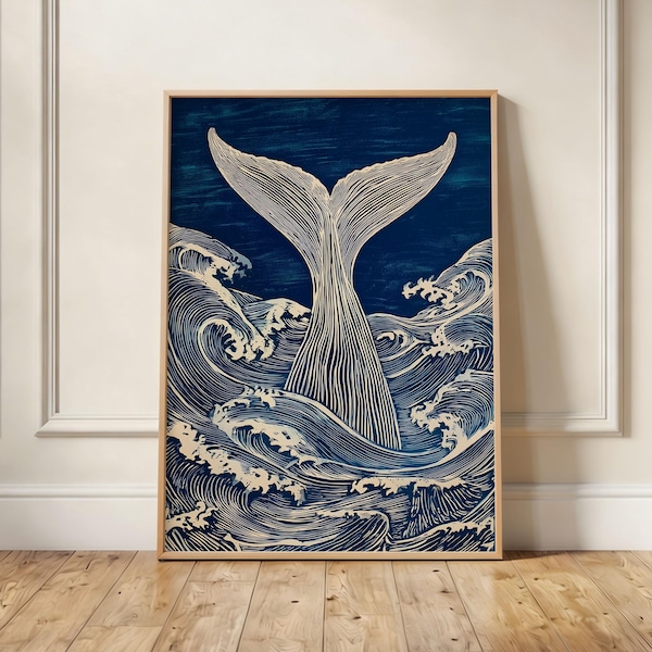 Whale Tail Linocut Ocean Print – Minimalist Coastal Wall Art