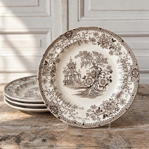 Set di 4 ciotole da zuppa in ceramica marrone con decorazione a trasferimento, piatti antichi in stile chinoiserie.