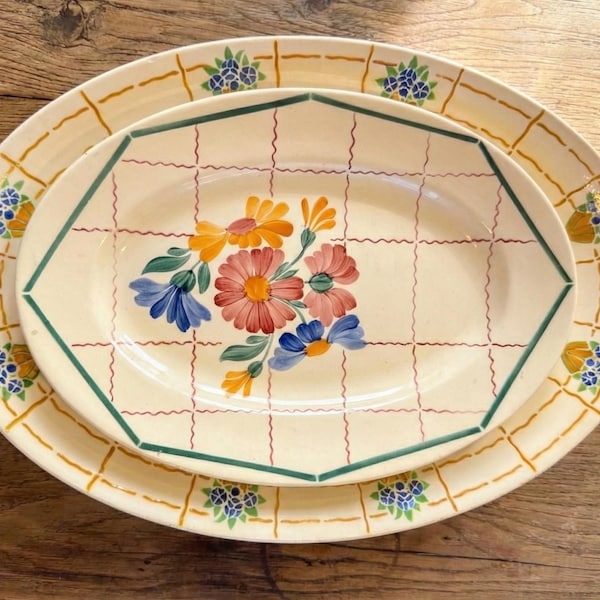 French Vintage Serving Platter Set - Mismatched Floral Duo - Farmhouse Tablescape - Grandmillennial Decor - Cottagecore Kitchen Gift