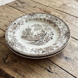 Antique English Chinoiserie Brown Transferware Plates, Set of 4 Deep Soup Plates, c1900