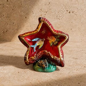 Vintage Ceramic Starfish Lamp, Vallauris Style Fish Light, Red Gold Mid Century Coastal Kitsch Decor