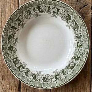Peut inclure: Un bol rond en céramique avec un centre blanc uni et un large bord orné d'un motif botanique détaillé en vert et blanc représentant des ronces, des feuilles et des fleurs de mûrier, avec une bordure festonnée sur le pourtour extérieur.