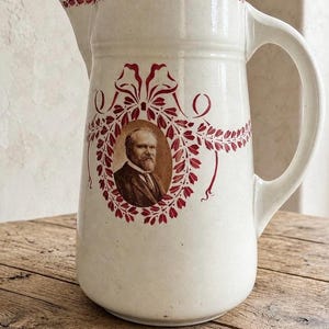 Antique French Red Transferware Pitcher, Badonviller Raymond Poincaré Portrait Jug, Early 20th Century Faience