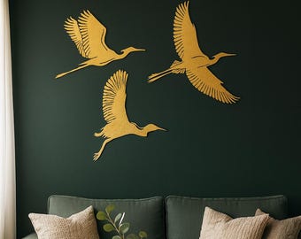 Flying Cranes Wall Art, Japanese Cranes Metal Decor, Large Crane Decor, Golden Bird Wall Art, 3 Piece Wall Art Birds, Metal Wall Art Birds