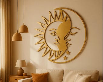 Moon Metal Decor, Sun Metal Wall Decor, Sun Metal Wall Art, Large Metal Wall Art, Room Decor Aesthetic, Moon and Sun Decor, Boho Metal Sign