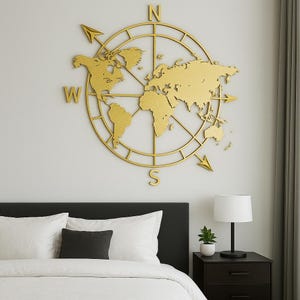 Carte du monde en métal, art mural carte, art mural boussole, enseigne en métal boussole, décoration boussole en métal
