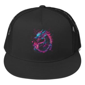 Cyberpunk Dragon Trucker Hat – Neon Futuristic Snapback – Techwear Vaporwave Aesthetic Cap – Sci-Fi Streetwear Mesh Hat
