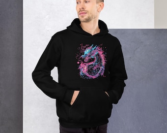 Cyberpunk Dragon Hoodie – Neon Futuristic Unisex Hoodie – Techwear Vaporwave Streetwear – Sci-Fi Gaming Sweatshirt