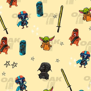 May include: A yellow background with a repeating pattern of Star Wars characters. The characters include Yoda, Darth Vader, a Stormtrooper, R2-D2, and Chewbacca. The pattern also includes stars and lightsabers.