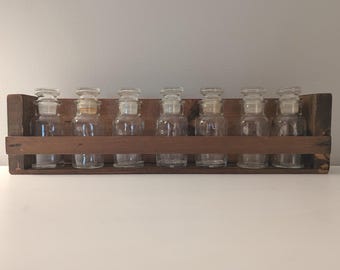 Vintage Wooden Spice Rack with 7 Glass Jars | Rustic Kitchen Organizer