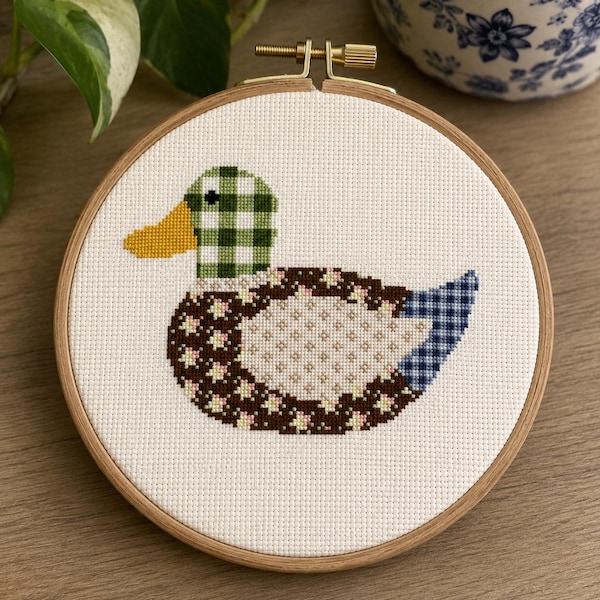 Patchwork Duck Cross Stitch Pattern PDF Download | Vintage Inspired Mallard | Cottagecore Farmhouse Decor | Folk Art Embroidery