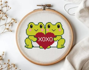 ラブフロッグのクロスステッチパターン | かわいいカエルのバレンタインデザイン | XOXOハートのクロスステッチ | モダンアニマルクロスステッチPDF | すぐにダウンロード