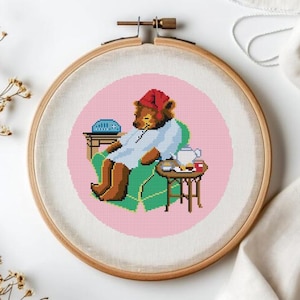 Sleepy Tea Bear Cross Stitch Pattern | Cozy Vintage Bear | Wall Art PDF