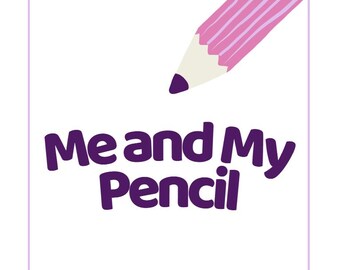 Puede incluir: Un lápiz morado con rayas rosas está a punto de escribir las palabras "Yo y mi lápiz" en una hoja de papel blanca.