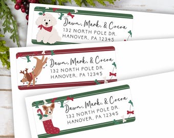 Christmas Dogs Winter Address Labels, Holiday Envelope Stickers, Puppy Return Address Seals