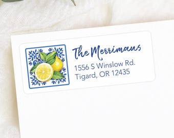 Blue Lemon Mediterranean Address Labels: Custom Amalfi Tile Stickers