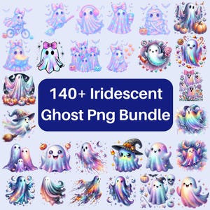 May include: A collection of iridescent ghost PNG images, featuring various designs with bows, hats, and accessories. The image includes the text "140+ Iridescent Ghost Png Bundle" on a blue background. The ghosts are in a variety of colors.
