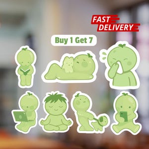 Smiski-Style Sticker Sheet: 7 Little Green Guys, Matte Vinyl