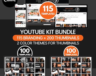 YouTube Kit Bundle | 115 Branding Kit + 200 Thumbnails (Editable in Canva) Black Orange