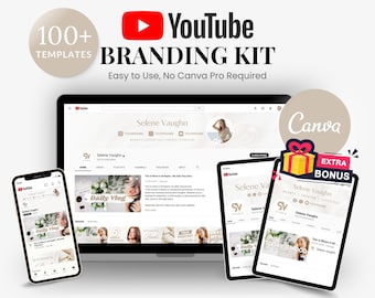 以下が含まれることがあります： YouTubeブランディングキットを紹介するデジタルマーケティング画像。画像には、YouTubeチャンネルのモックアップを表示するラップトップ、スマートフォン、タブレットが含まれています。「100+ Templates」と「Easy to Use, No Canva Pro Required」というテキストが含まれています。