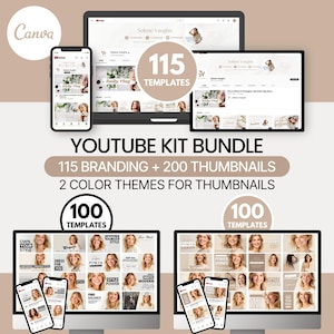 YouTube Kit bündeln | 115 Branding Kit + 200 Miniaturbilder (Bearbeitbar in Canva) Beige